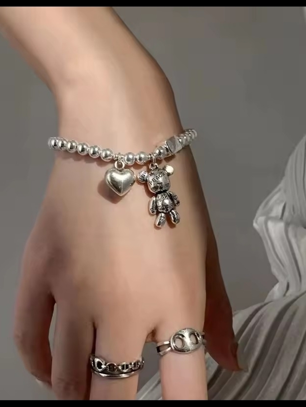 Silver Bead Bracelet with Heart & Teddy Charms